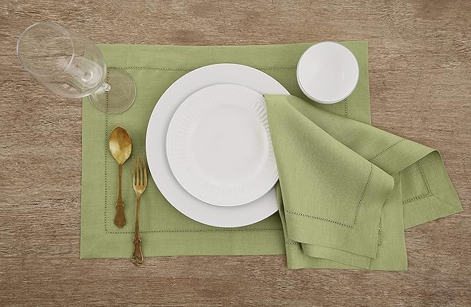 Solino Home Linen Placemats Set of 4 - Classic Hemstitch Moss Green Placemats 14 x 19 Inch - 100% Pure Linen Table Mats for Spring, Summer, Mothers Day
