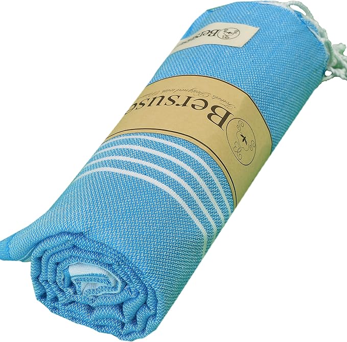 Bersuse Towels Anatolia XL Beach Blanket Throw Blanket Turkish Towel 100% Cotton Extra-Large Quick-Dry Lightweight Premium Peshtemal Towel - 61x82 Inches, Ocean Blue