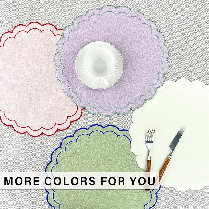 Linen Cotton Placemats Set of 4 Scalloped Flower Embroidery Place Mats 15'' Natural Linen Texture Fabric Machine Washable Table Mats for Restaurant Kitchen,Table Decor(Matcha Green)