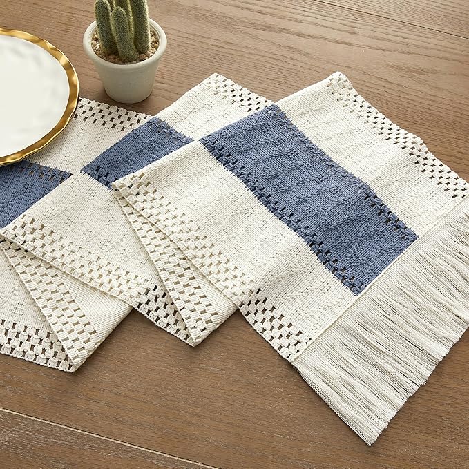 ZeeMart Macrame Style Bicolor Stitching Table Runner, 12 x 90 Inch Blue/Ivory, Boho Blue Table Runners 90 Inches Long, Farmhouse Woven Home Decor
