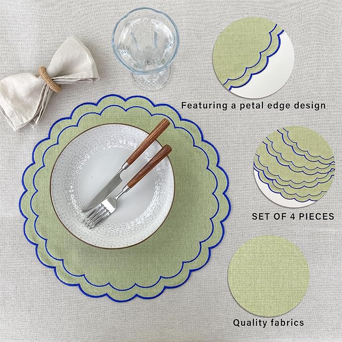 Linen Cotton Placemats Set of 4 Scalloped Flower Embroidery Place Mats 15'' Natural Linen Texture Fabric Machine Washable Table Mats for Restaurant Kitchen,Table Decor(Matcha Green)