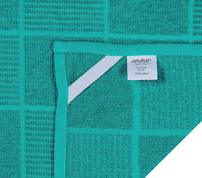 AMOUR INFINI Kitchen Towels Pack of 4, Terry Cotton Dish Towels, Ultra Absorbent, Quick Drying Hand & Tea Towels, Soft Durable Cleaning Cloths with Hanging Loop, 16 x 26 Inch (Teal)