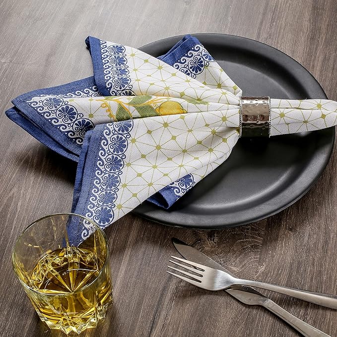 FINGERCRAFT Cloth Napkins, Set of 8 Cotton Linen Blend Printed Dinner Napkins Cloth Mitered Corner Perfect for Parties Dinners Weddings Cocktail Christmas Easter 20x20 Lemon Leaf