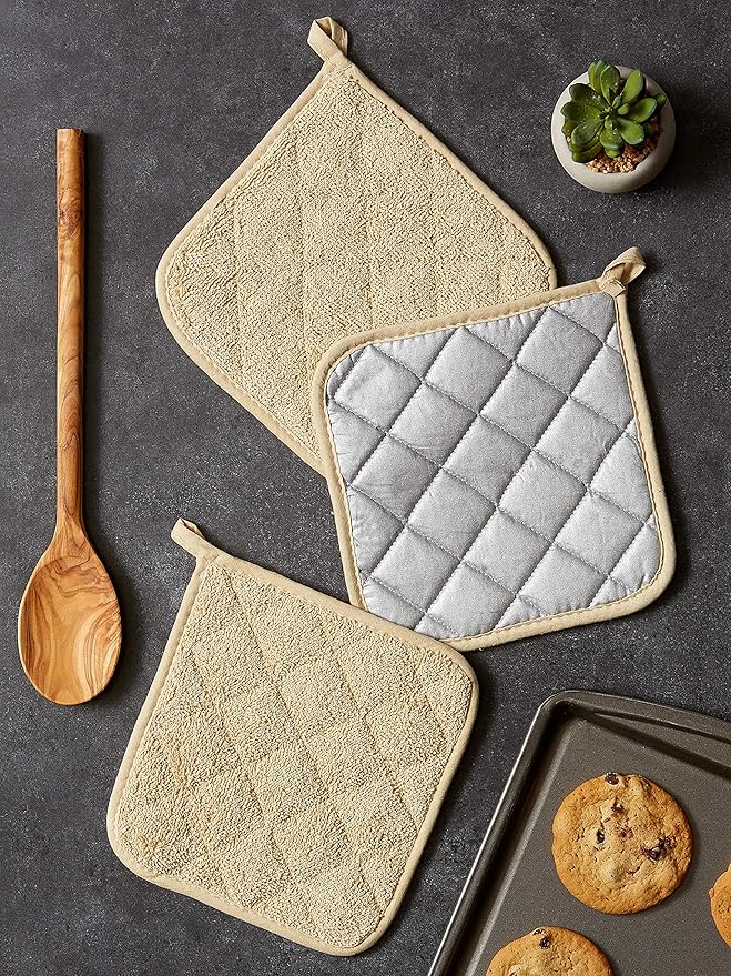 DII Basic Terry Collection Quilted 100% Cotton, Potholder, Pebble, 3 Piece