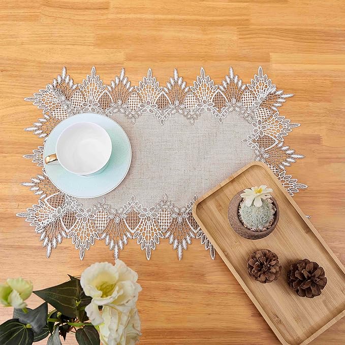 Natural Linen Placemats 14”x20” Set of 2, Neutral Earth Tones Beige Lace Coffee Doily Table Topper Dresser Scarf Place Mats (Set of 2, Natural)