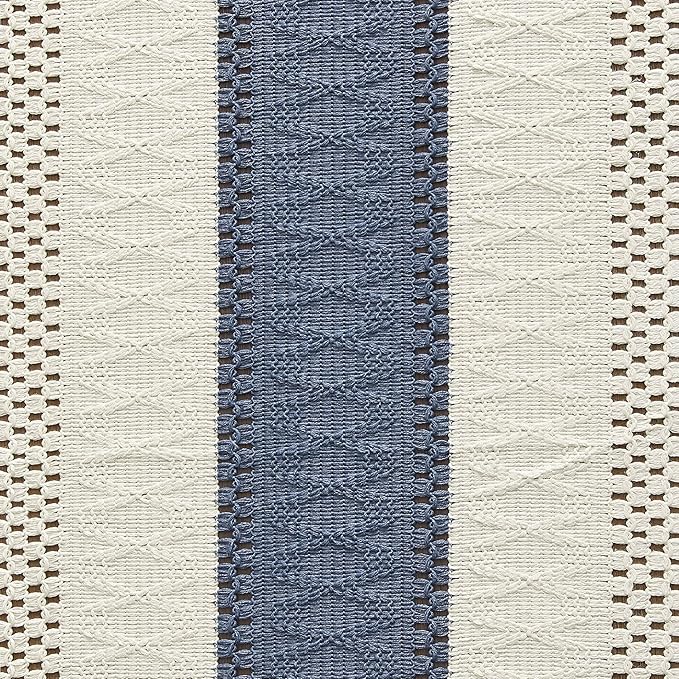 ZeeMart Macrame Style Bicolor Stitching Table Runner, 12 x 90 Inch Blue/Ivory, Boho Blue Table Runners 90 Inches Long, Farmhouse Woven Home Decor