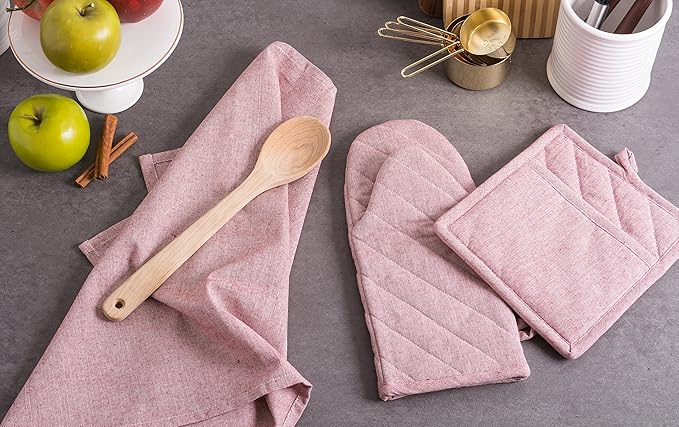 DII 100% Cotton Solid Chambray Kitchen Set, Potholders, Barn Red, 2 Piece