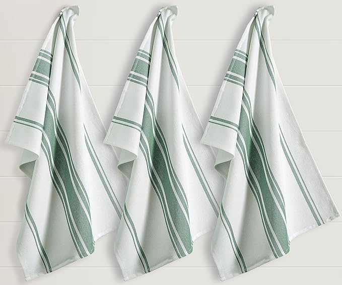 Kitchen Towels Set – Pack of 3 (20’’ x 30’’) Extra Large Premium Cotton Dish Towels for Kitchen – Super Striped Towels – Absorbent – 100% Cotton – with Hanging Loop – Olive