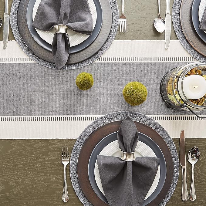 DII Dobby Stripe Woven Table Runner, 13x108 (13x113.5, Fringe Included), Mineral Gray