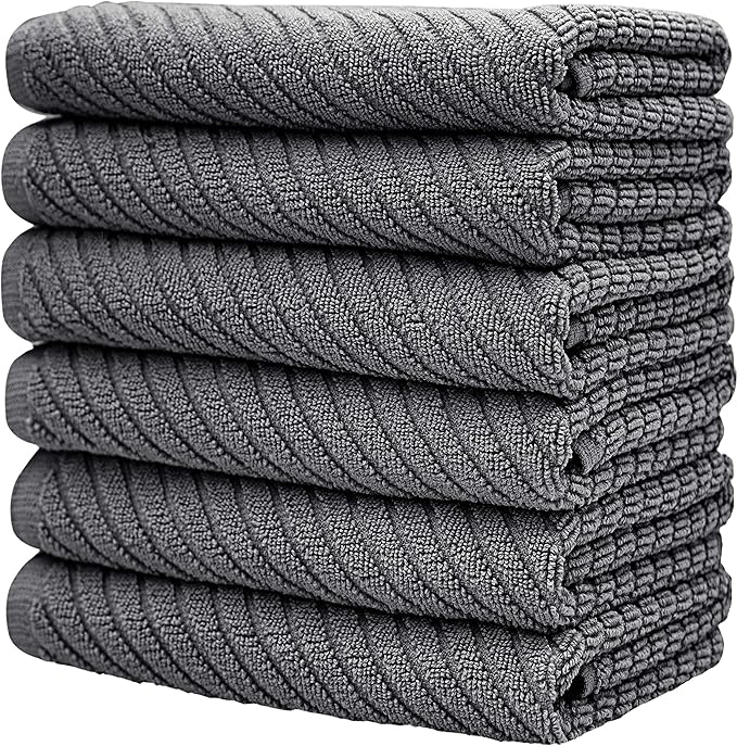 Premium Kitchen Towels (16”x 25”, 6 Pack) | Large Cotton Kitchen Hand Towels | Dish Towels | Diagonal Weave Design | 445 GSM Highly Absorbent Tea Towels Set with Hanging Loop | Grey