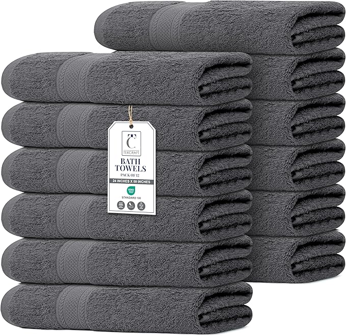 Commercial Bulk Pack of 12 Large Bath Towels – 100% Cotton Terry 24" x 50" – Ideal for Hotels, Salons, Gyms, Spas & Institutional Use – Charcoal Grey
