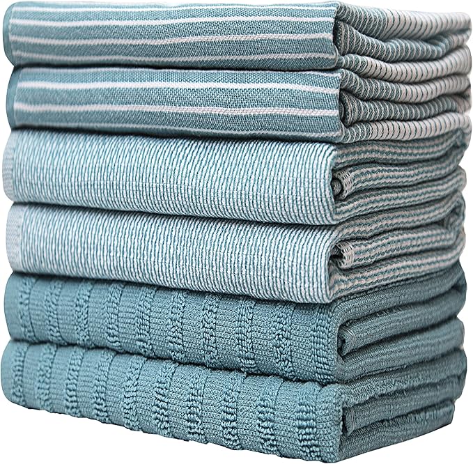 Premium Kitchen Towels (20”x 28”, 6 Pack) | Large Cotton Dish Towels | Flat & Terry Highly Absorbent Kitchen Linen Set with Hanging Loop | Aqua