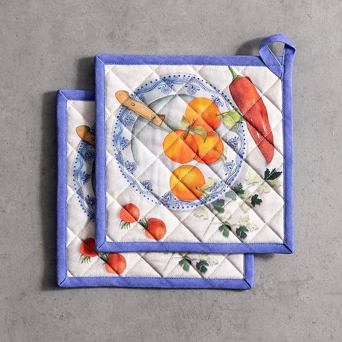 Maison d' Hermine Pot Holders 100% Cotton Heat Resistant Potholders 8" x 8" Hot Pads with Loop BBQ Cooking Baking Gifts for Mothers Day Handling Hot Pans Spring/Summer (Pack of 2, Gourmand)