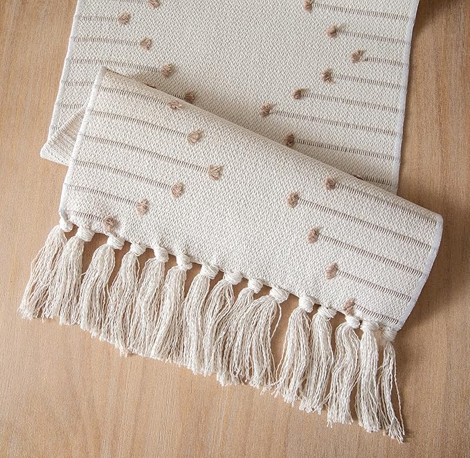 Boho Table Runner 13 x 72 Inch Long Natural Cotton Woven Runner with Tassels for Home Dining Table décor, for Modern Farmhouse Decor Coffee Table Runner, Taupe and Beige