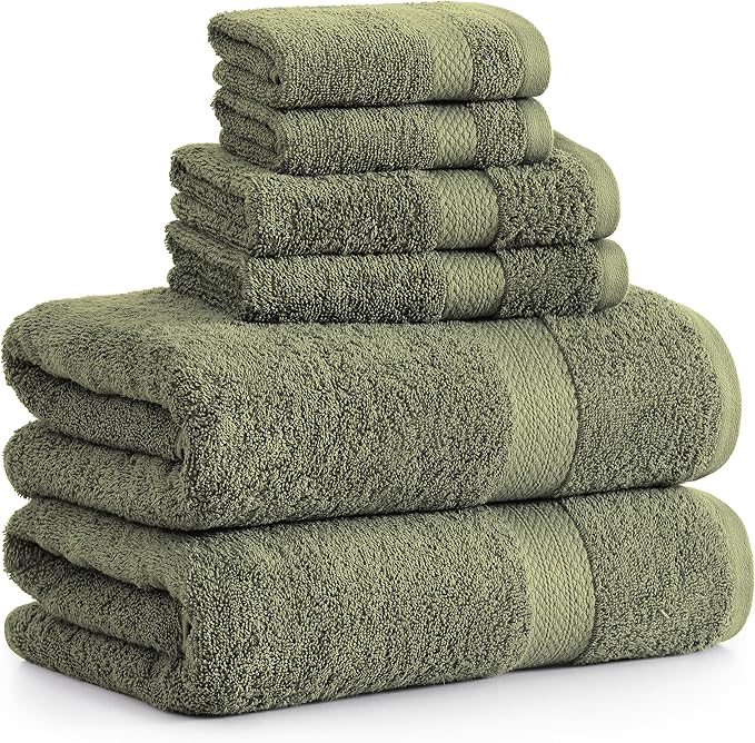 LANE LINEN Luxury Cotton Bath Towel Pack of 6 - Softer, Highly Absorbent & Durable - 2 Bath, 2 Wash cloths, 2 Hand Towels for Bathroom - Premium Look, Spa Quality, Solid Dyed Towels - Oil Green
