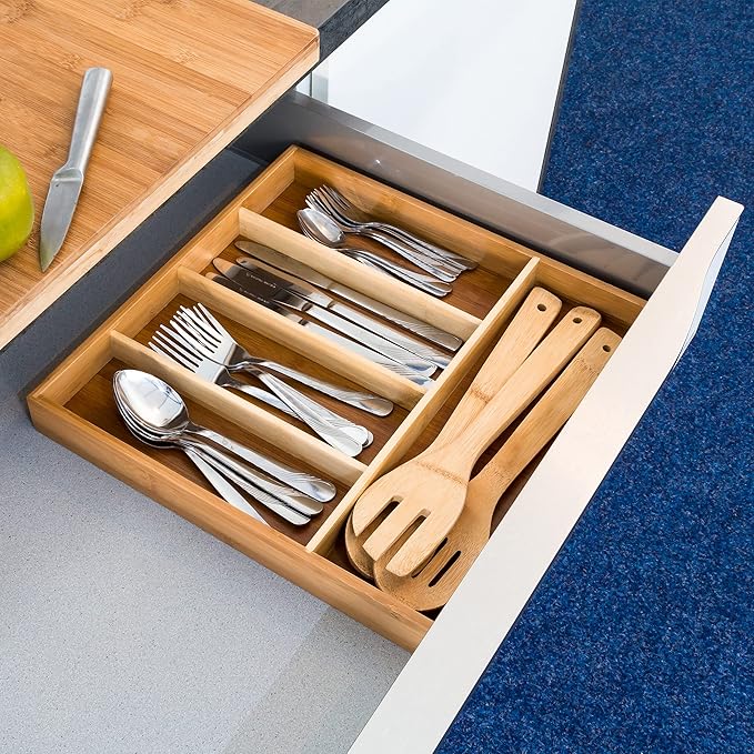 Relaxdays Bamboo Kitchen Drawer Insert Organiser 5 Separate Compartments, Wood, Brown