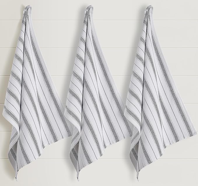Kitchen Towels Set – Pack of 3 (20’’ x 30’’) Extra Large Premium Cotton Dish Towels for Kitchen – Chain Stripe Towels – Absorbent – 100% Cotton – with Hanging Loop – Dark Grey
