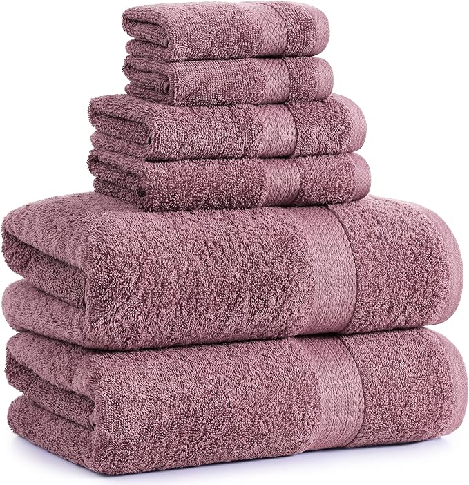LANE LINEN 100% Cotton Turkish Towels for Bathroom - 6 Piece - Softer & Highly Absorbent - 2 Bath, 2 Wash cloths, 2 Hand Towels - Complete Family Set, Hotel Quality & Gentle on Skin - Wistful Mauve