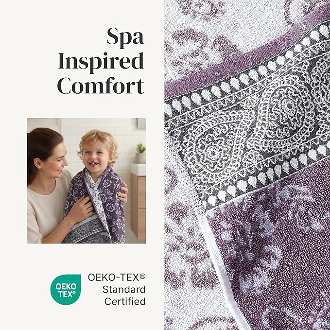 Modern Threads Floral Trail 6-Piece 100% Cotton Towel Set – Reversible Yarn Dyed Jacquard – Includes 2 Bath Towels, 2 Hand Towels, 2 Washcloths – Absorbent, Quick Dry, Soft & Durable – Purple