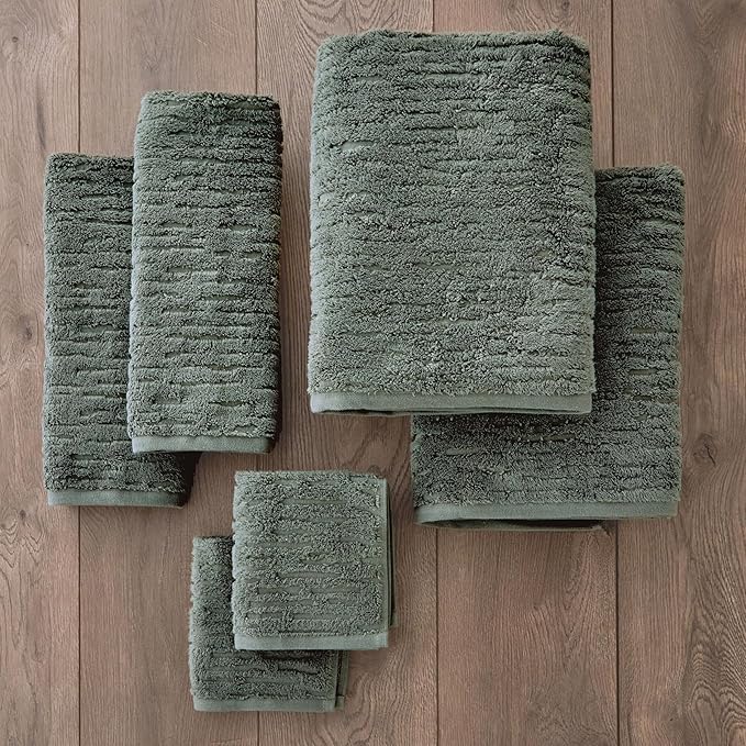 SKL Home CloudSoft 100% Cotton Luxury 6-Piece Towel Set, 600 GSM, Ultra Plush & Absorbent - 2 Bath Towels, 2 Hand Towels, 2 Washcloths, Green Pine