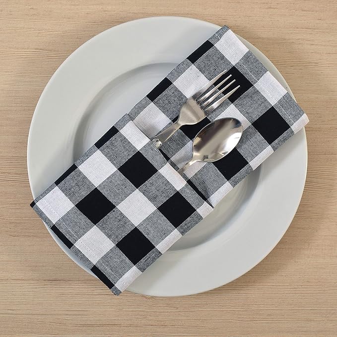 FINGERCRAFT Cloth Napkins, Everyday Use, Premium Quality, Cotton Buffalo Plaid, Set of 12, 20X20 Inch Oversized Napkins Cloth Mitered Corners, Soft, Durable Hotel Quality Black White Checkered