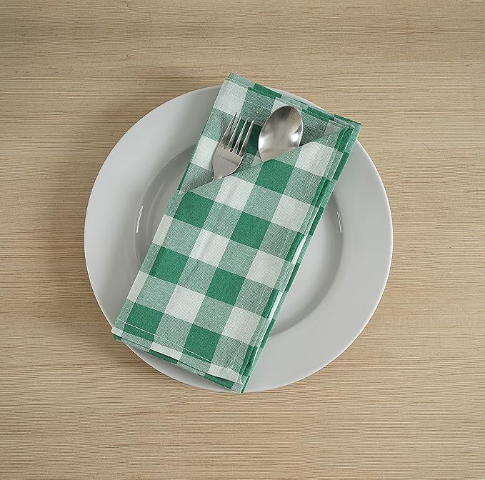 FINGERCRAFT Cloth Napkins, Everyday Use Premium Quality Cotton Buffalo Plaid, Set of 12, 20X20 Inch Napkins Cloth Mitered Corners, Soft, Durable for Home Restaurant Christmas Green White