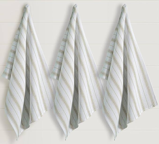 Kitchen Towels Set – Pack of 3 (20’’ x 30’’) Extra Large Premium Cotton Dish Towels for Kitchen – Chain Stripe Towels – Absorbent – 100% Cotton – with Hanging Loop – Taupe