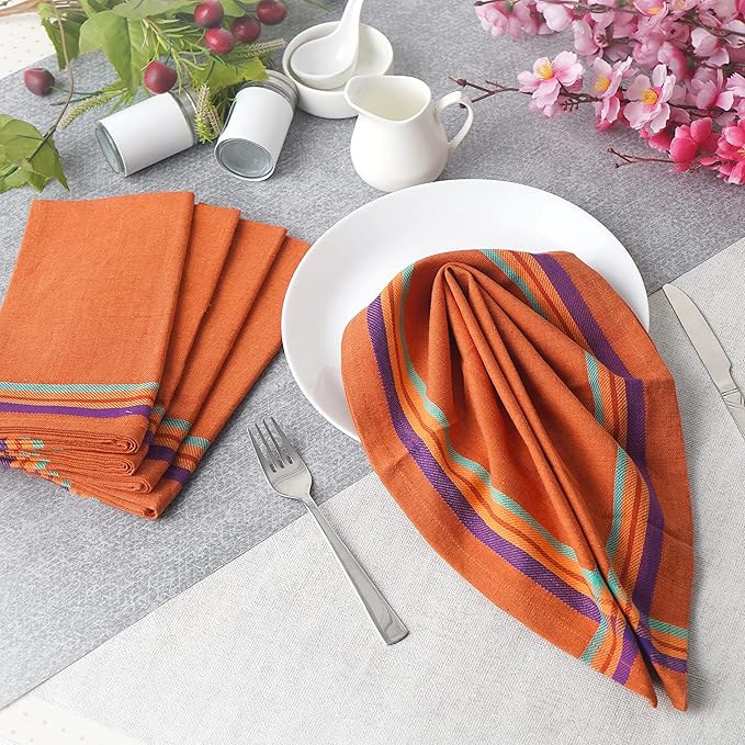 FINGERCRAFT Cloth Napkins, Everyday Use, Premium Quality High GSM Woven Cotton, Set of 12, 20X20 Inch Oversized Napkins Cloth Mitered Corners, Soft, Durable Hotel Quality Orange Multi