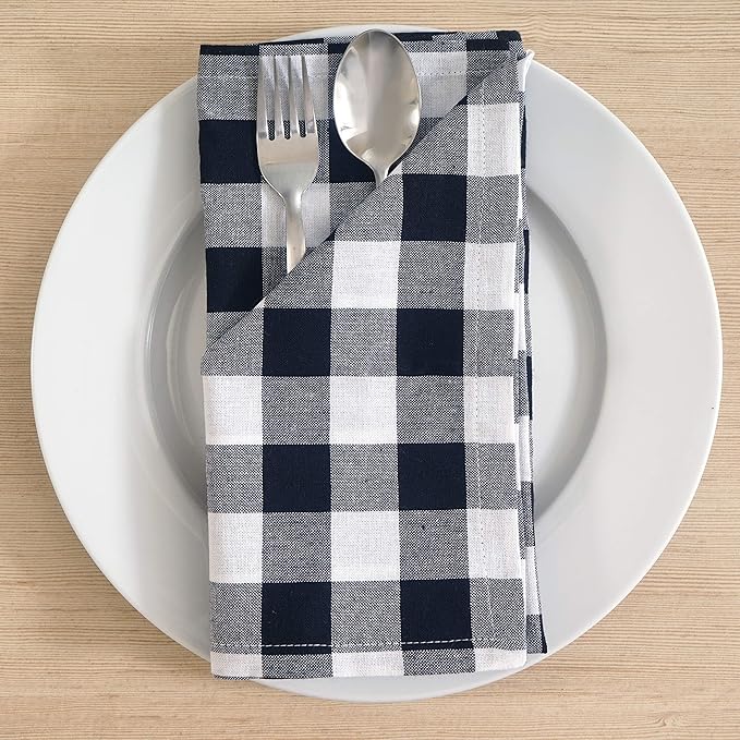 FINGERCRAFT Cloth Napkins, Everyday Use, Premium Quality, Cotton Buffalo Plaid, Set of 12, 20X20 Inch Oversized Napkins Cloth Mitered Corners, Soft, Durable Hotel Quality Black White Checkered