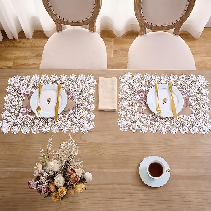 White Dark Red Silver Floral Lace Placemats 14”x20” Set of 2, Table Topper Dresser Scarf Place Mats (Set of 2, White & Dark Red)