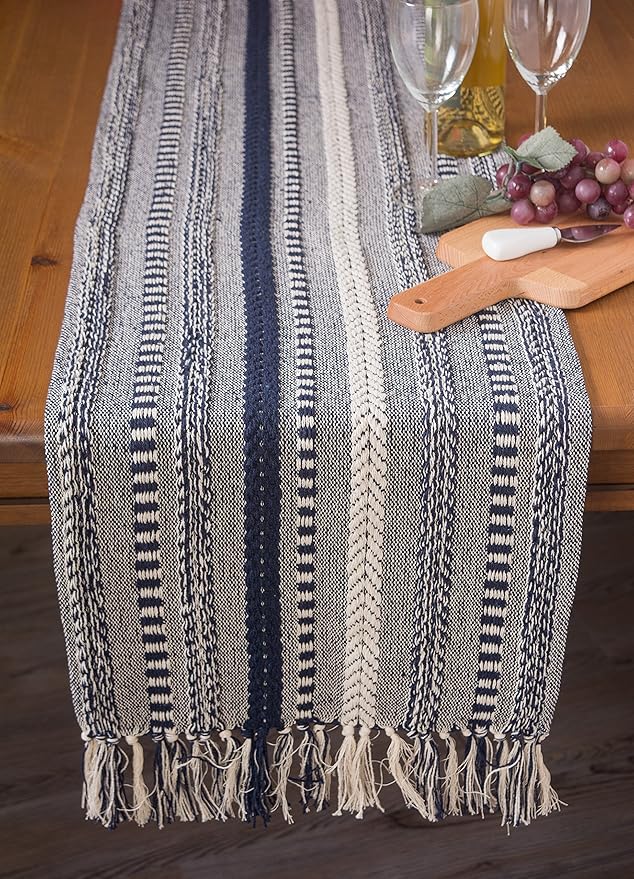 DII Farmhouse Braided Stripe Table Runner Collection, 15x72 (15x77, Fringe Included), Navy Blue