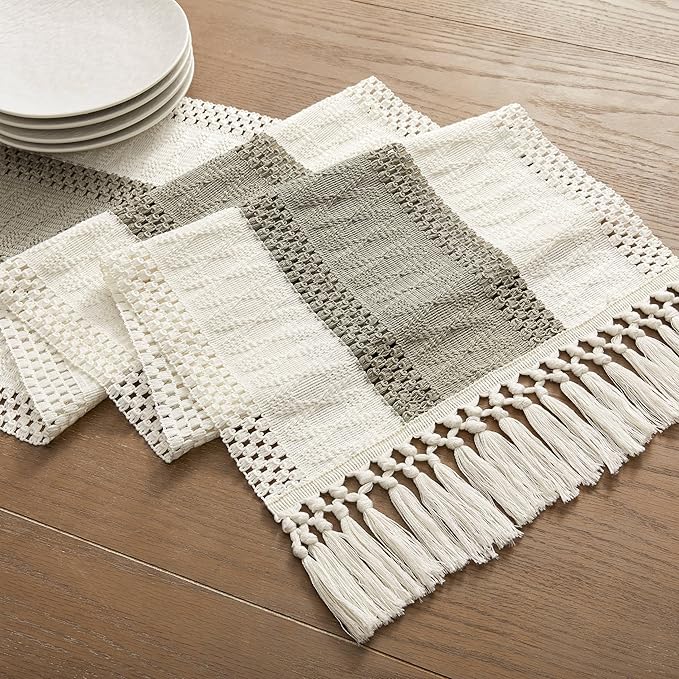 ZeeMart Macrame Style Bicolor Stitching Table Runner, 14 x 108 Inch Dark Sage/Ivory, Boho Grey Sage Table Runners 108 Inches Long, Farmhouse Woven Home Decor