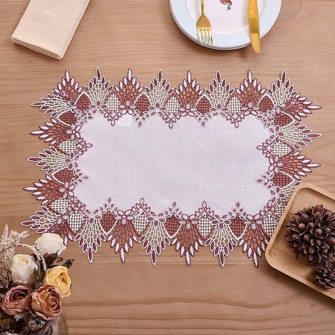 White Dark Red Linen Lace Placemats 14”x20” Set of 2 Coffee Table Topper Dresser Scarf Place Mats (Set of 2, Dark Red)