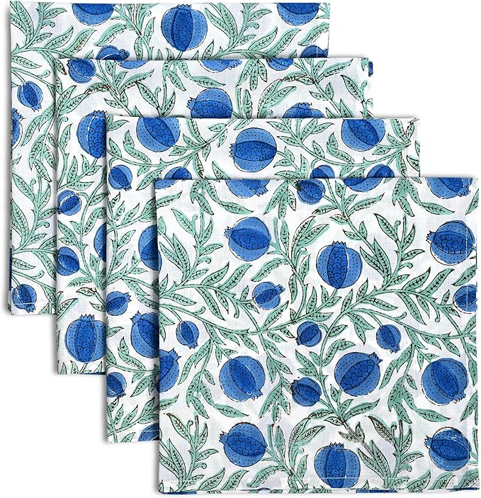 Ridhi Queen Blue Hand Block Print 100% Cotton Napkins 18" x 18" (Set of 4) Reuseable Kitchen Napkins Cloth Decor Dinner Party Wedding Cocktail Gift for Spring, Easter, Valentine