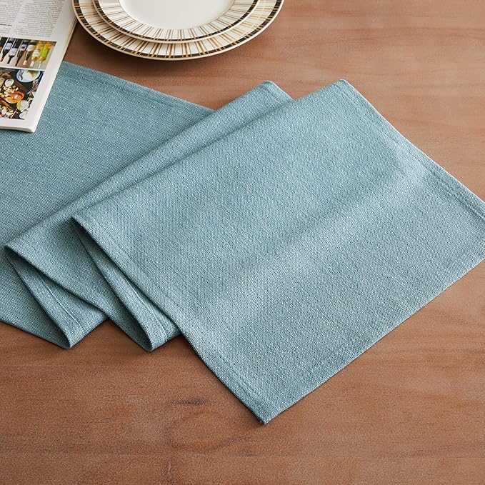 ZeeMart Rustic Cotton Linen Table Runner, 13x36 Inches River Blue, Farmhouse Style Blue Table Runners 36 Inches Long, Washable Kitchen Dining Table Decoration for Home Party Decor