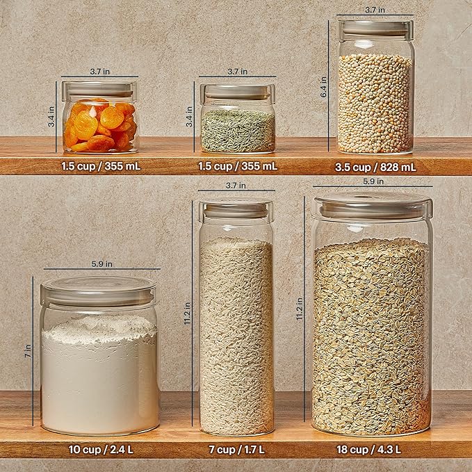 Pyrex 6-Pack Glass Canister Set - Dry Food Storage Containers with Glass Lids for Kitchen and Pantry Organization