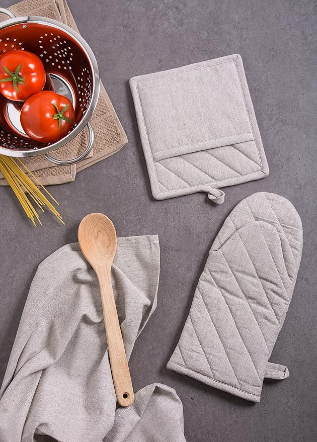 DII 100% Cotton Solid Chambray Kitchen Set, Potholders, Stone, 2 Piece