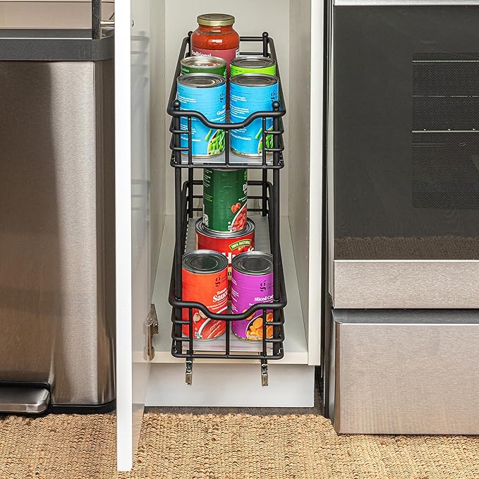 Household Essentials Glidez Multipurpose Paint-Finished Steel Pull-Out/Slide-Out Storage Organizer with Plastic Liners for Under Cabinet Use - 2-Tier Design, Black