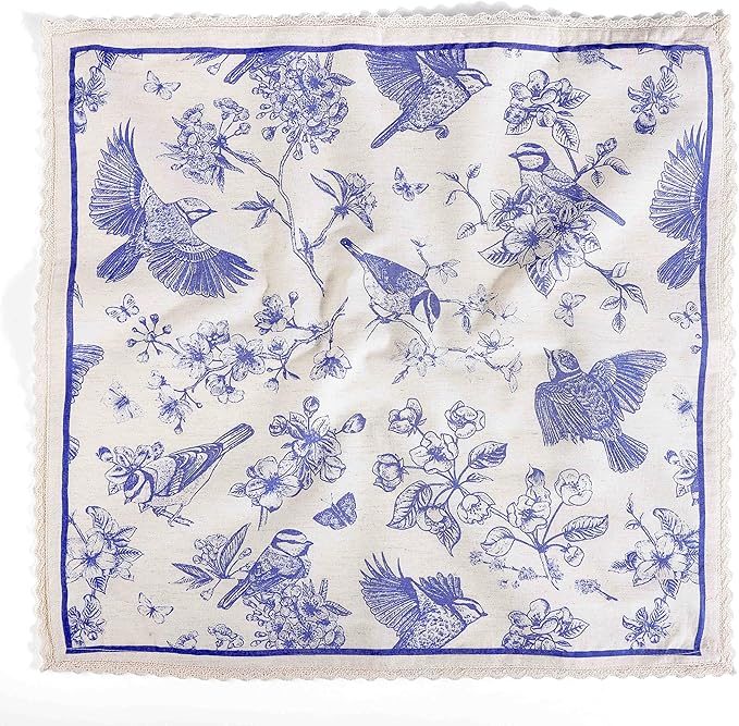 FINGERCRAFT Dinner Cloth Napkin Cotton Linen Blend 4 Pack Mitered Corners with Elegant Lace for Everyday Use Napkins are Pre Shrunk and Good Absorbency (Toile, 20in x 20in)