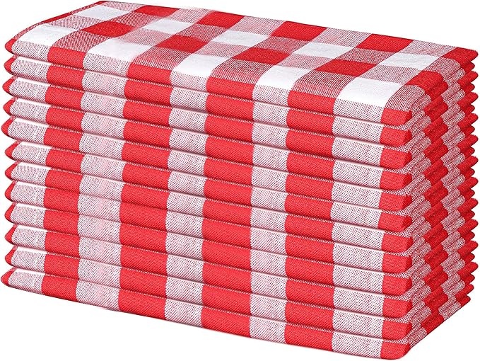 Cloth Napkins 18”X18” 100% Cotton Decorative Washable Gingham Buffalo Check Plaid Table Napkin for Kitchen, Party, Wedding, Restaurant & Camping - Red White (Set of 12)
