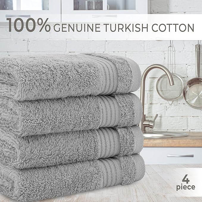 Cotton Paradise 100% Cotton Turkish Washcloth Set for Bathroom, 4 Piece Soft Absorbent Small Towels Wash Rags, Light Gray