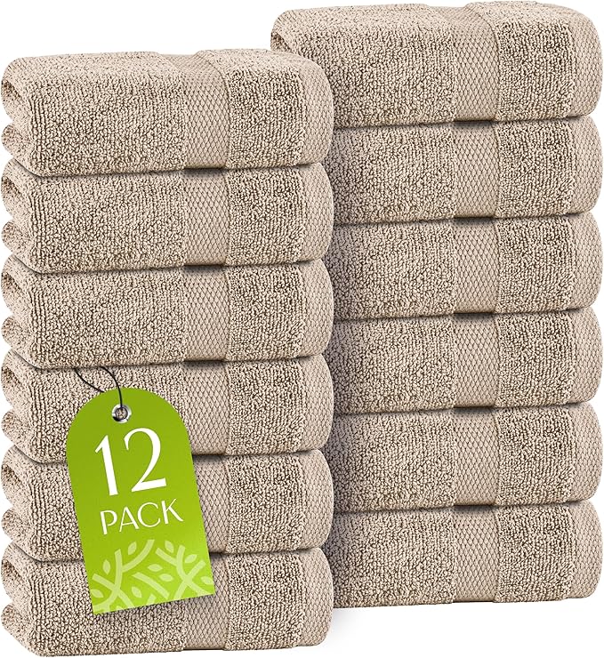 White Classic Taupe Washcloths Set for Body and Face Towel, Cotton Wash Cloths Bulk 12 Pack, Spa Fingertip Wash Clothes 12x12 Inch, Soft Absorbent Gym Towels