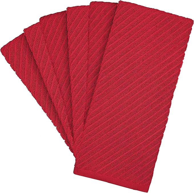 Premium Kitchen Towels (16”x 25”, 6 Pack) | Large Cotton Kitchen Hand Towels | Dish Towels | Diagonal Weave Design | 445 GSM Highly Absorbent Tea Towels Set with Hanging Loop | Red