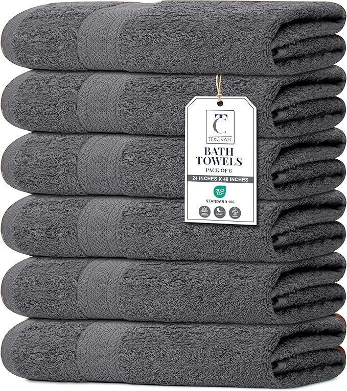 Medium Size Bath Towels Set of 6 – 100% Cotton Terry – 24" x 48" – Quick Dry, Soft & Highly Absorbent – Grey Towels for Bathroom, Gym, Spa, Pool & Daily Use