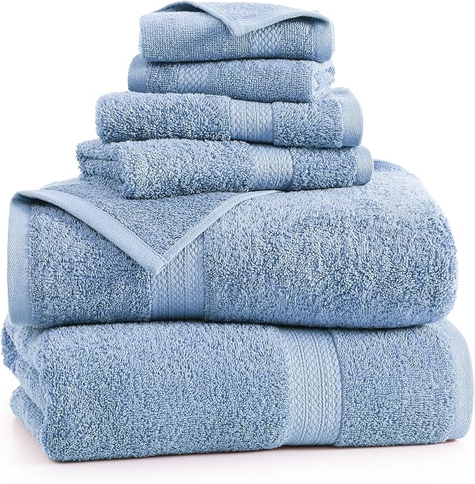 LANE LINEN 100% Cotton Bath Towels 6 Piece Set - Super Soft, Quick Dry & Absorbent - 2 Bath, 2 Washcloths, 2 Hand Towels for Bathroom - Hotel Quality, Minimal Lint after 3 Washes - Cerulean Blue