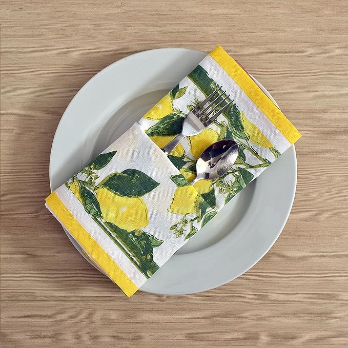 FINGERCRAFT Cloth Napkins, Set of 8 Cotton Linen Blend Printed Dinner Napkins Cloth Mitered Corner Perfect for Parties Dinners Weddings Cocktail Christmas Easter 20x20 Lemon Print