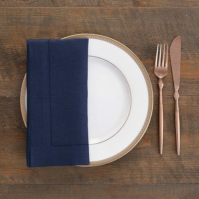 Solino Home Navy Blue Linen Napkins Set of 4-100% Pure Linen Hemstitch Dinner Napkins 20 x 20 Inch for Mothers Day, Memorial Day - Classic Hemstitch