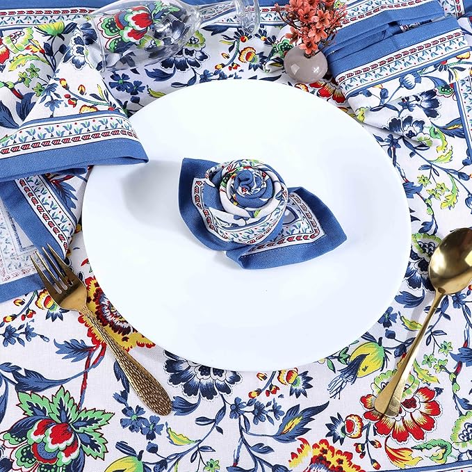 FINGERCRAFT Cloth Napkins, Set of 4 Cotton Linen Blend Printed Dinner Napkins Cloth Mitered Corner Perfect for Parties Dinners Weddings Cocktail Christmas Easter 20x20 Blue Floral
