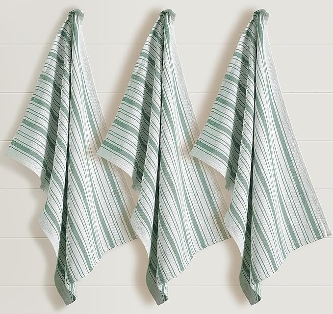 Kitchen Towels Set – Pack of 3 (20’’ x 30’’) Extra Large Premium Cotton Dish Towels for Kitchen – Basket Weave Towels – Absorbent – 100% Cotton – with Hanging Loop – Olive