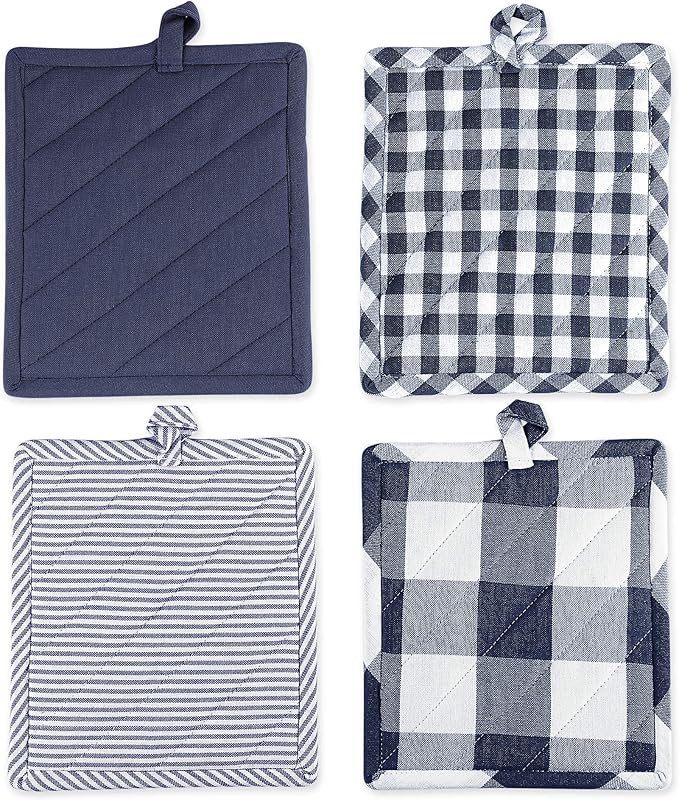 DII Gingham Check Kitchen Collection, Navy, Potholder Set